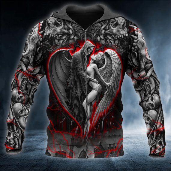 Death And Angel Forbidden Couple Love Skull 3D All Over Printed Unisex Zip Up Hoodie Us Size