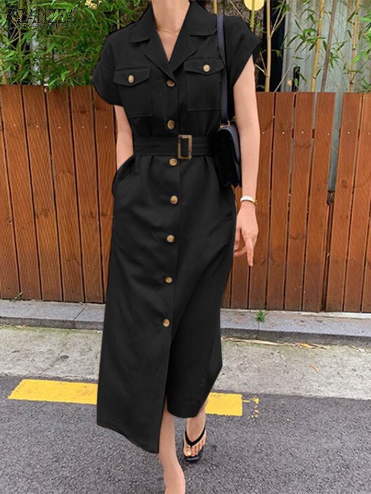 Unique Dresses For Women Korean Style Streetwear Cargo Dress ZANZEA Short Sleeve Lapels Patch Pockets Belts Shirtdress Vestidos alx