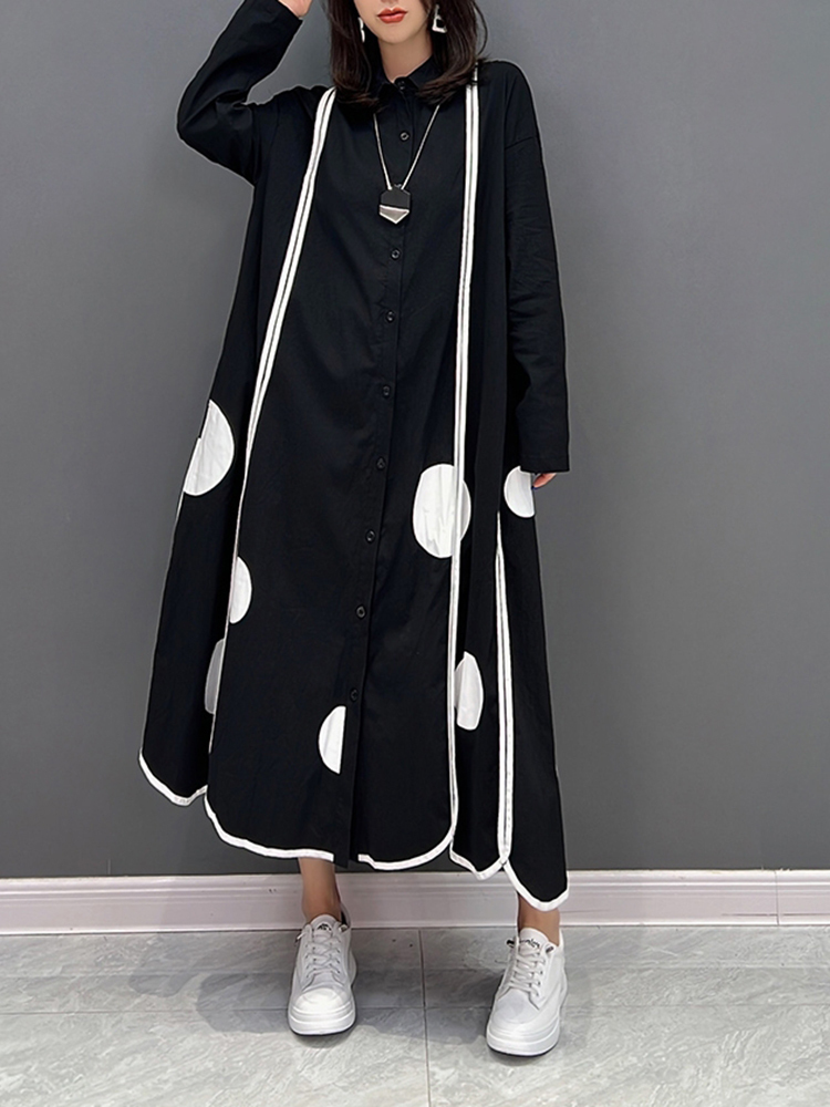 [EAM] Women Black Dot Color-block Big Size Long Dress New Lapel Long Sleeve Loose Fit Fashion Spring Autumn 2022 1DF1530 alx