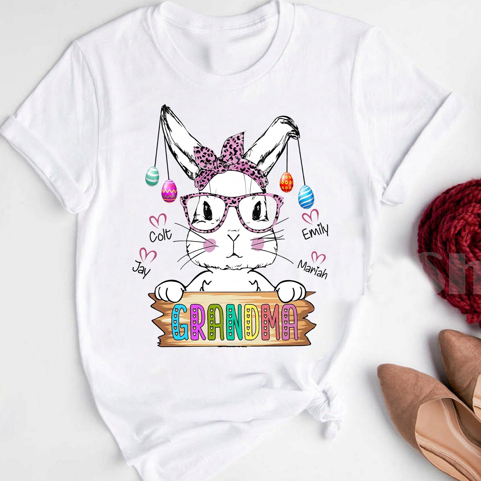 Personalized T-Shirt For Grandma Cute Bunny & Easter Egg Printed Custom Grandkids Name Easter Day Shirt