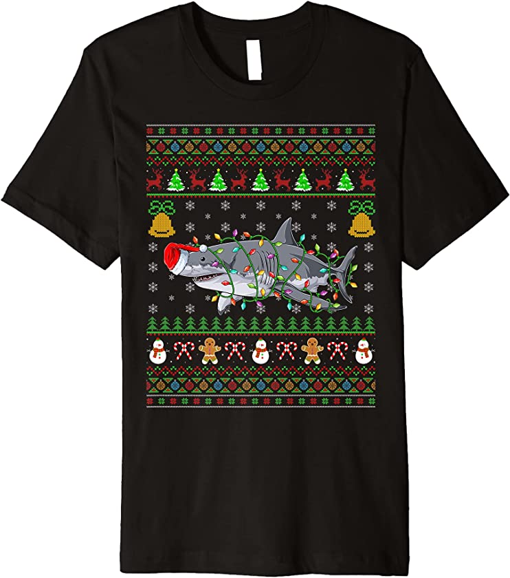 Xmas Lighting Santa Hat Great White Shark Ugly Christmas Premium T-Shirt