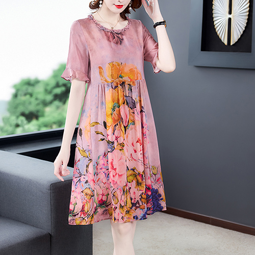 2022 Summer High Quality Pink Print Natural Silk Dress Vintage Vacation New Runway Midi Dresses Elegant Women Bodycon Vestidos alx