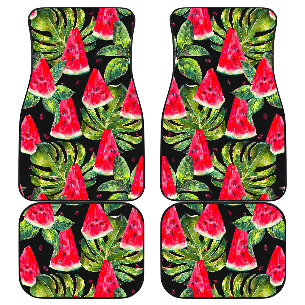 Black Palm Leaf Watermelon Pattern Print Front And Back Car Floor Mats, Front Car Mat