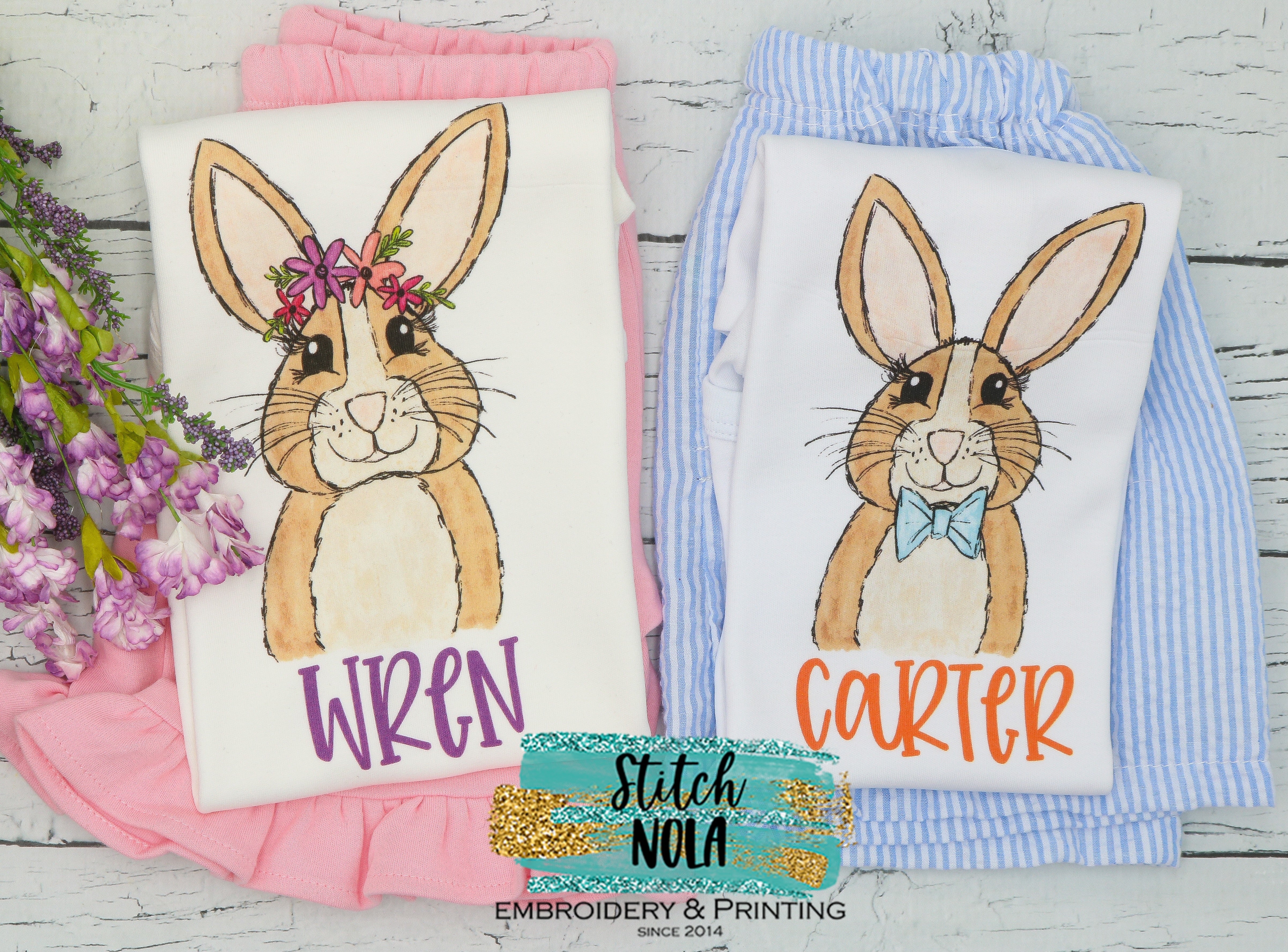 Personalized Easter Bunny With Flower Crown & Bow Tie Printed Shirt