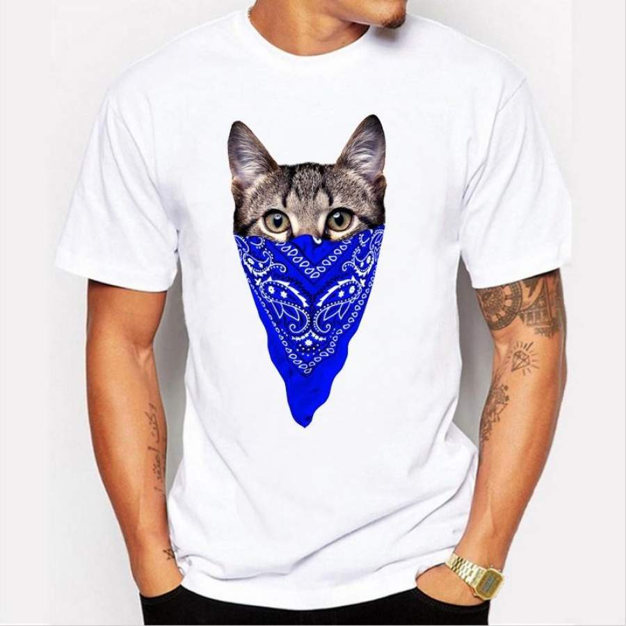 The New Fashion Casual Men Personalized 3D Digital Retro Cat Pattern Printing High-Quality Short-Sleeved Round Neck White T-Shirt