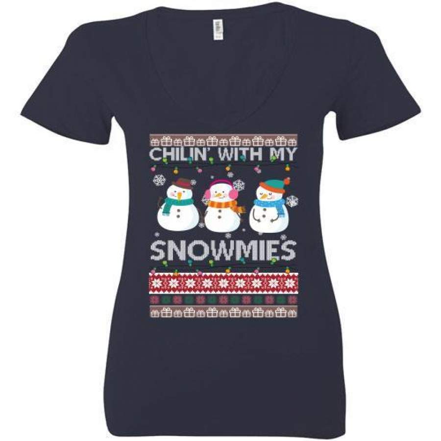 Chillin With My Snowmies Funny Ugly Christmas Ladies Deep V-Neck