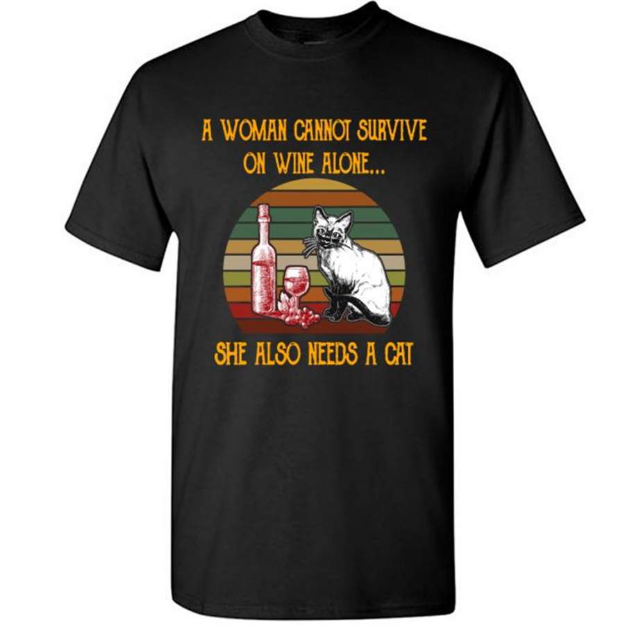 A Woman Cannot Survive On WIne Alone She Also Needs A Cat, Classic Vintage Retro Design – Gildan Short Sleeve Shirt