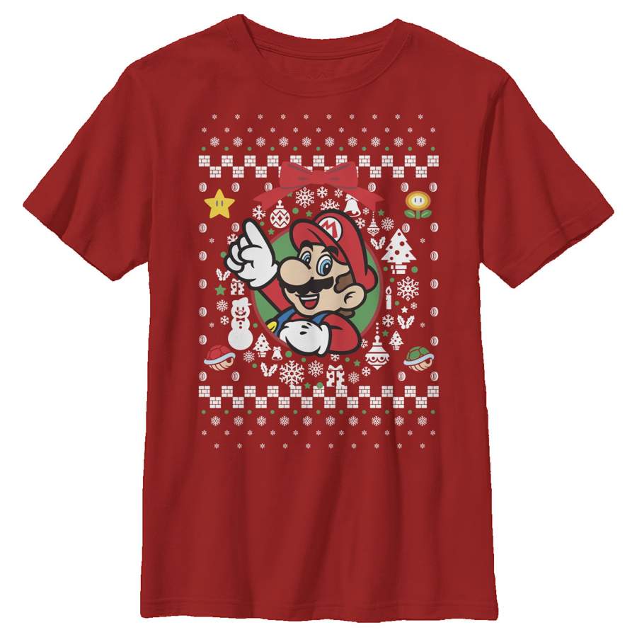 Nintendo Boy’s Ugly Christmas Mario Wreath  T Shirt