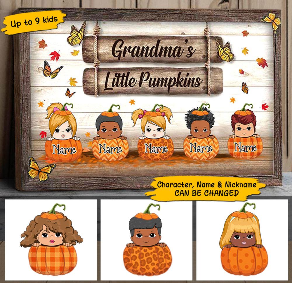 Grandma’S Little Pumpkins Vintage Autumn Poster Canvas, Grandma Halloween Poster Canvas, Custom Grandma With Grandkids Name Poster Canvas