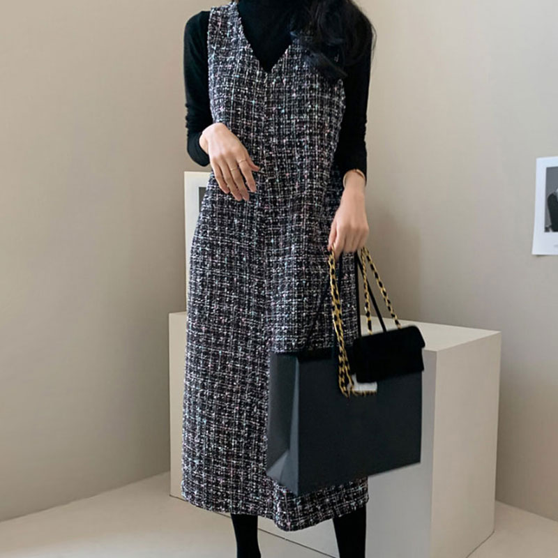 Vintage Small Fragrance V-neck Tweed Vest Dress Women Autumn Winter 2022 Loose Casual Vestidos Mujer Korean Chic Elegant Robes alx