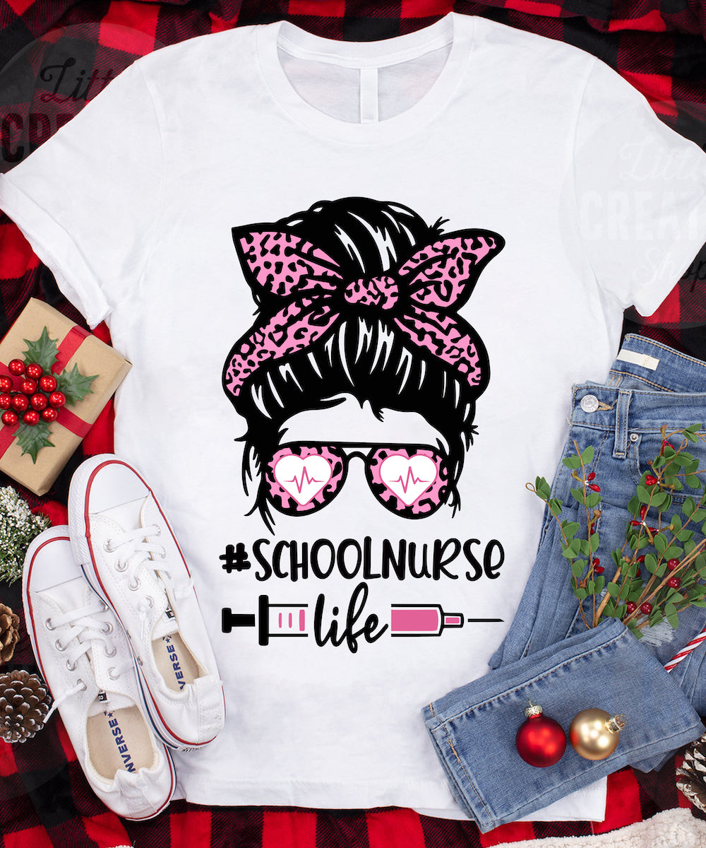 School Nurse Messy Hair Woman Bun Scrub Life Leopard Nurse Customizable – Standard T-Shirt