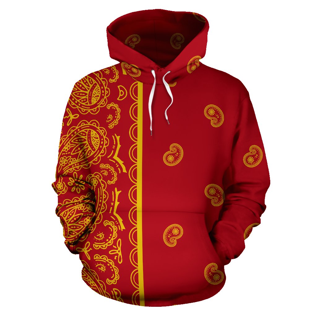 Asymmetrical Red and Gold Bandana Pullover Hoodie T-Shirt