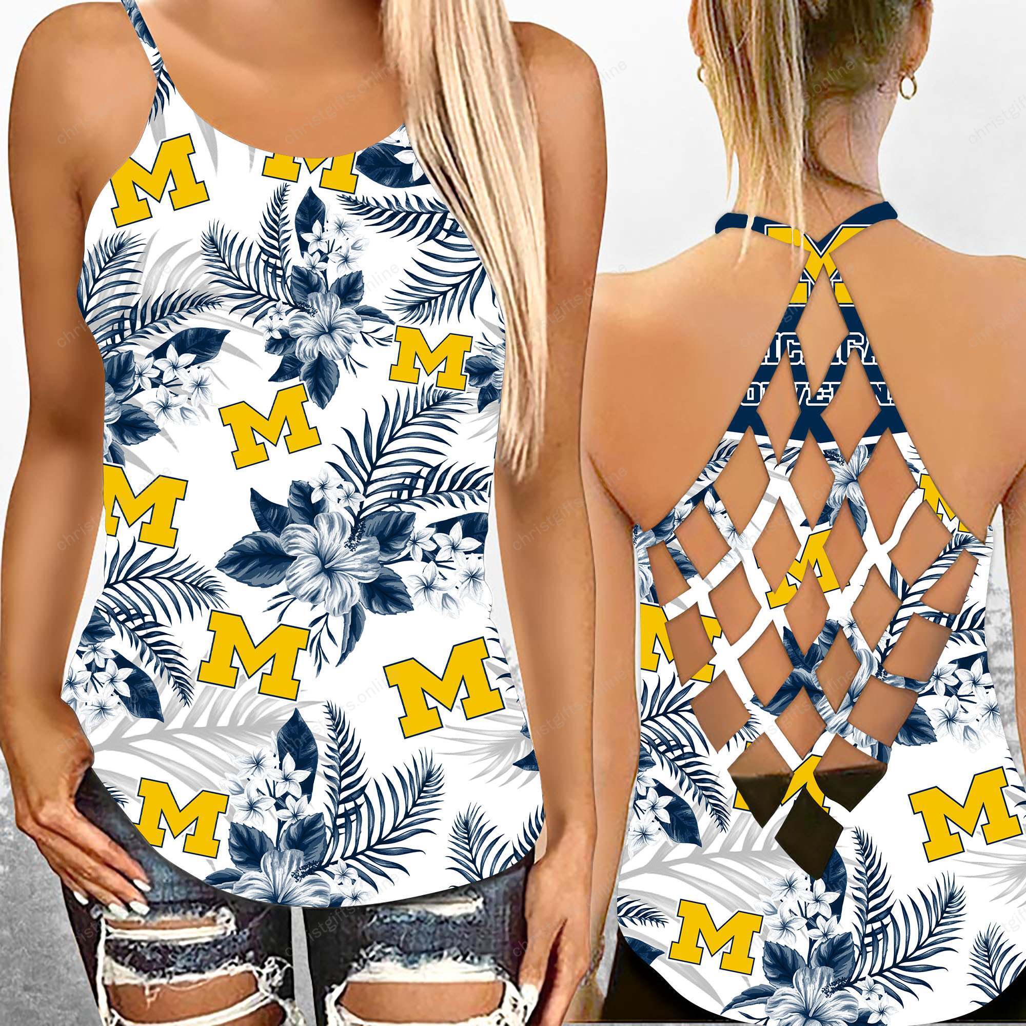 Michigan Wolverines NCAA2-Criss Cross Tanktop Hawaii Style Ds1