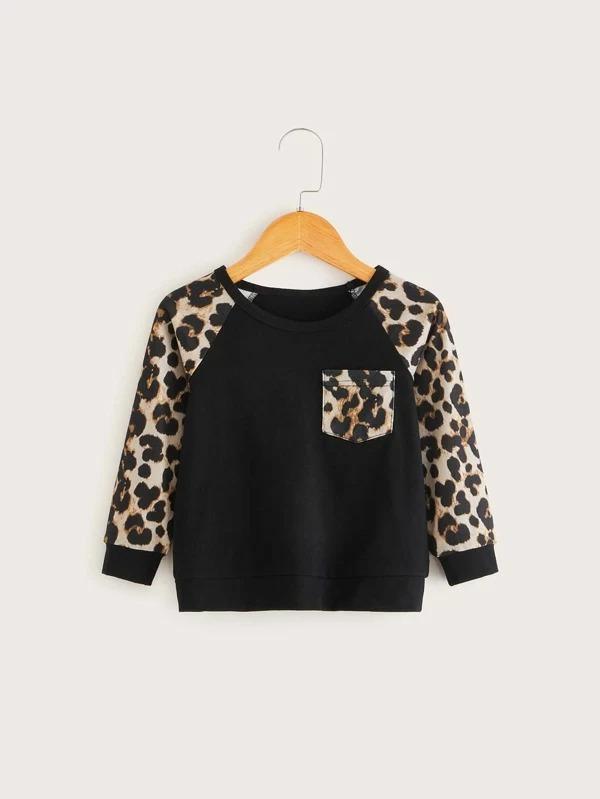 Toddler Girls Contrast Leopard Raglan Sleeve Sweatshirt