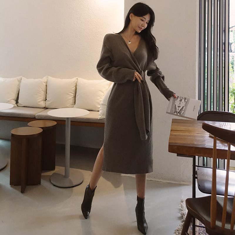 2021 Elegant Bandage V-Neck Waist Slim Long Sweater Dress Vintage Warm Autumn Winter Knitted Sweater Women One-Piece Dress Femme alx