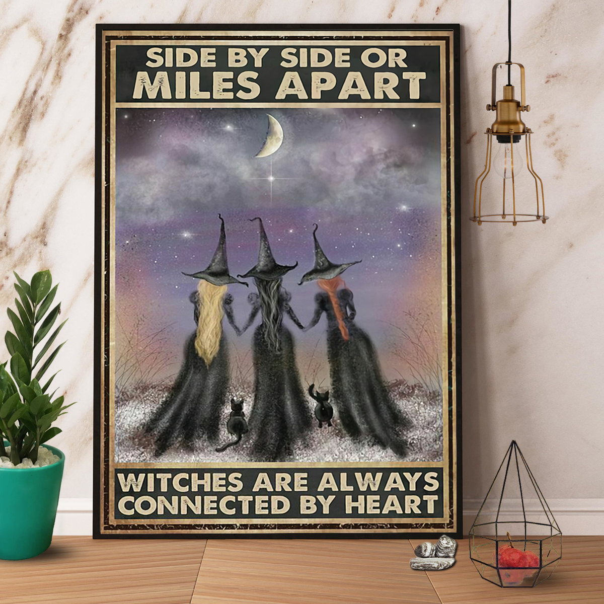 Witch Side By Side Or Miles Apart Witches & Black Cat Halloween Poster No Frame Matte Canvas, Wall Decor Visual Art