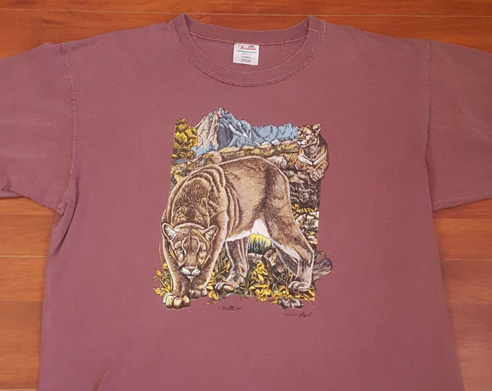 90’S Faded Hazelwoods Mountain Lion Tee – S Like An – Dark Salmon Color Faded Peachy Pink Idk – – Made In The Usa –