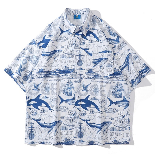 Whale Print Turn Down Collar Short Sleeve Shirts