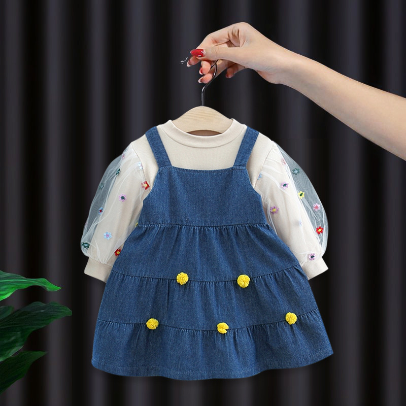 2022 Spring Autumn Baby Girls Long Sleeve O Neck Patchwork Mesh Floral Print Denim Jeans Kids Pleated Dress Vestidos alx