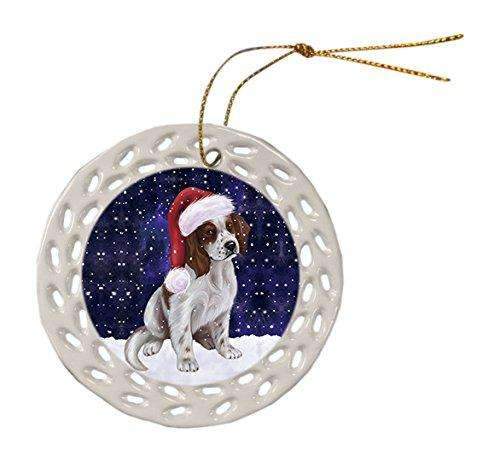 Let It Snow Christmas Holiday Red And White Irish Setter Puppy Dog Wearing Santa Hat Ceramic Doily Ornament D024