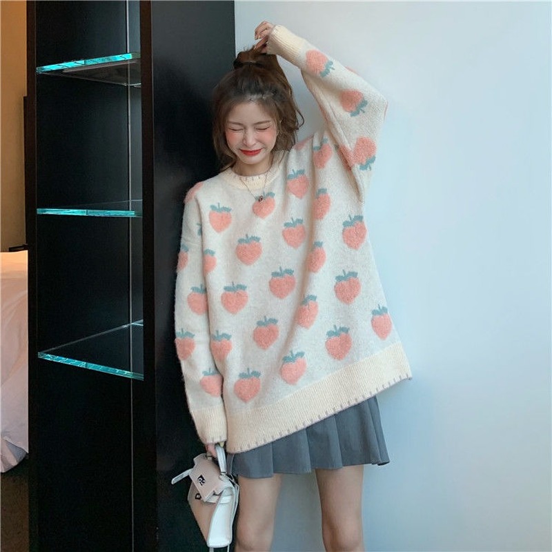 Autumn Winter Sweet Lolita Cute Pink Cartoon Fruit Pattern Knit Women Casual Pullover Loose Sweater Long Style Top alx