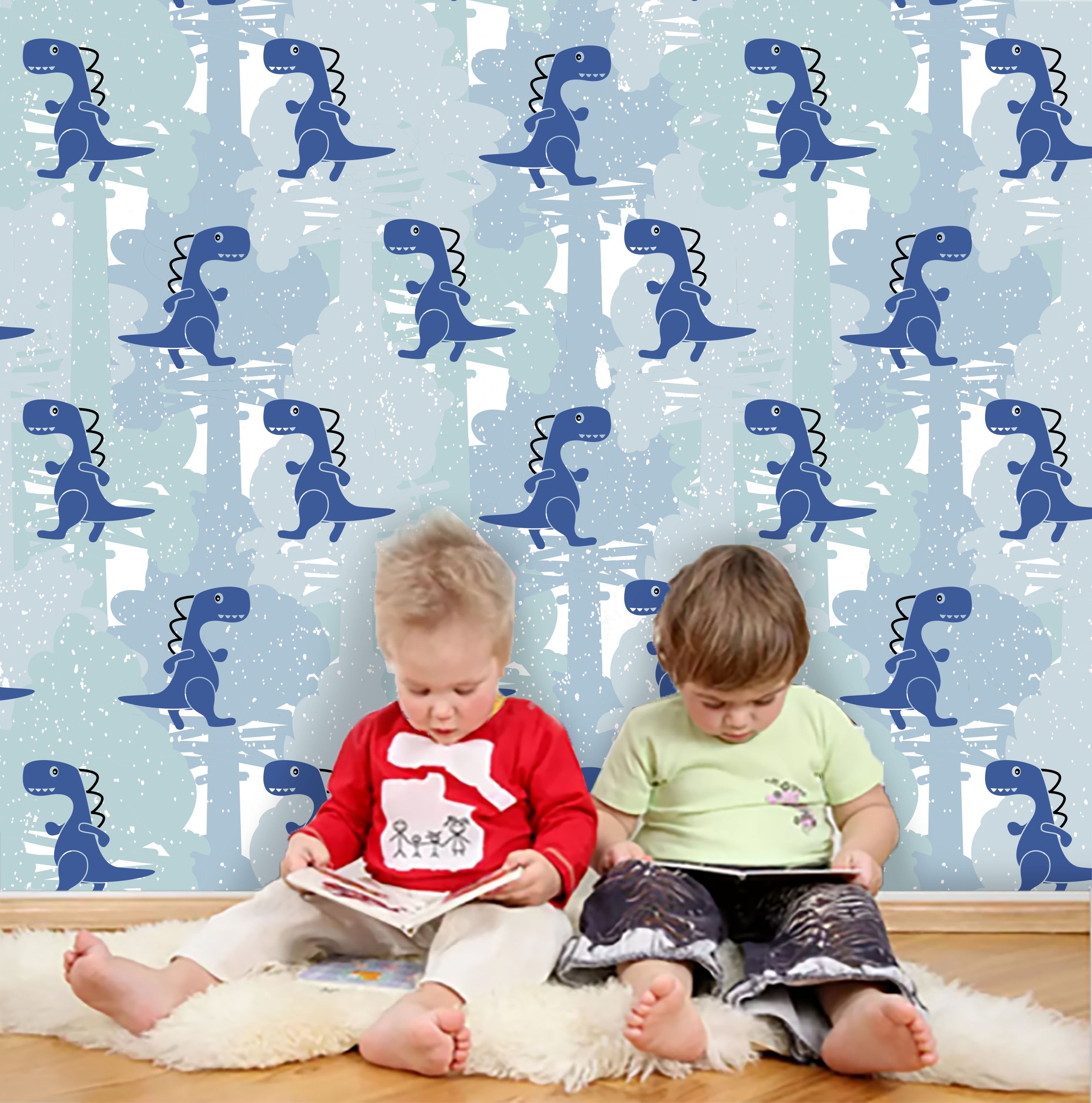 3D Kids, Cartoon, Blue Dinosaur Wallpaper-Nursery