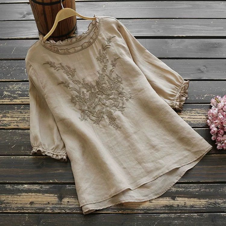 Blouse Women Plus size Ruffle Cotton Ladies Embroidered Top Blouse Summer shirts Puff sleeve Casual alx