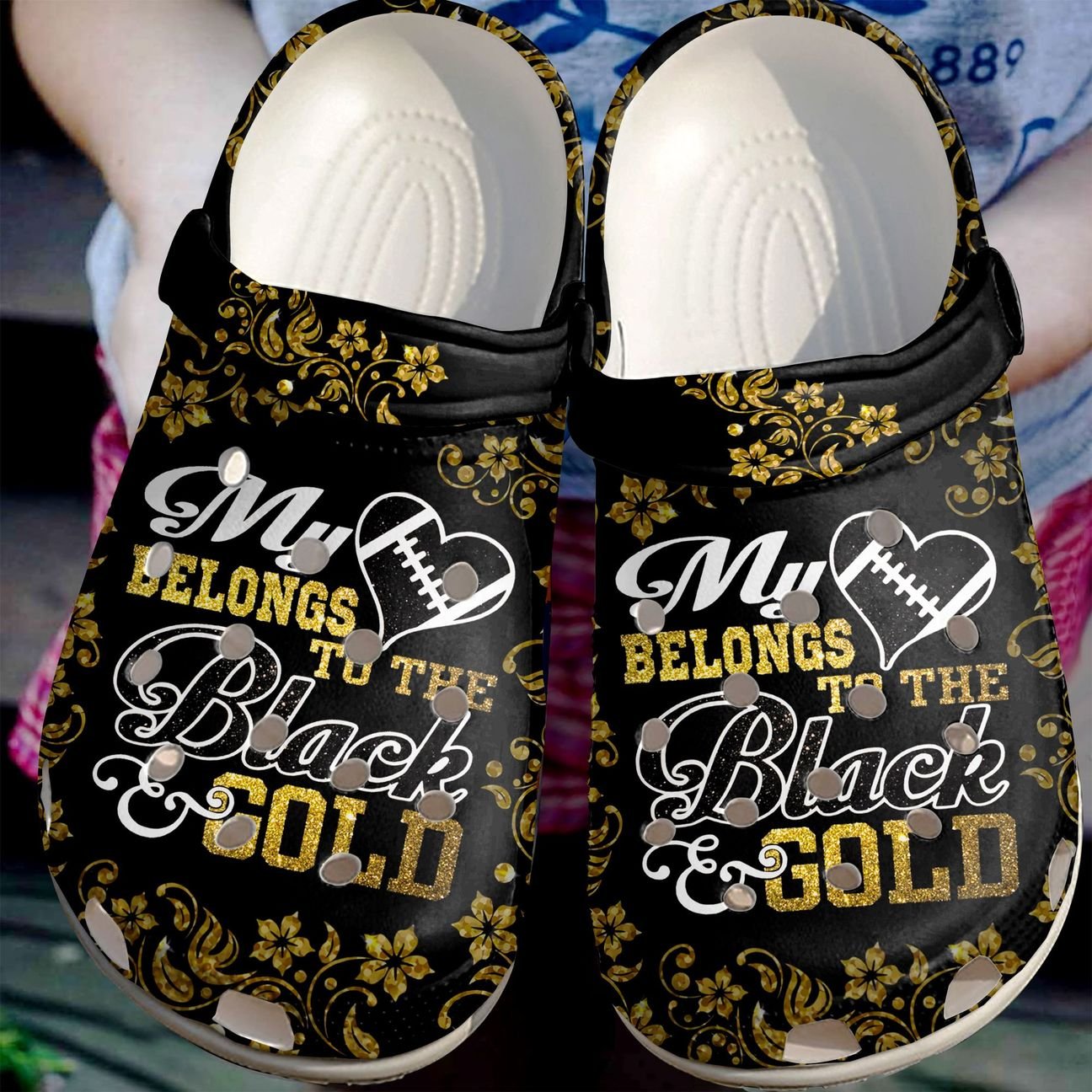 Football Personalized Clog, Custom Name, Text, Color, Number Fashion Style For Women, Men, Kid, Print 3D Black And Gold