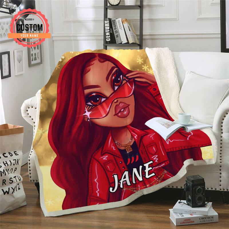 Red Fashion Black Girl Custom Name Plush Fleece Blanket