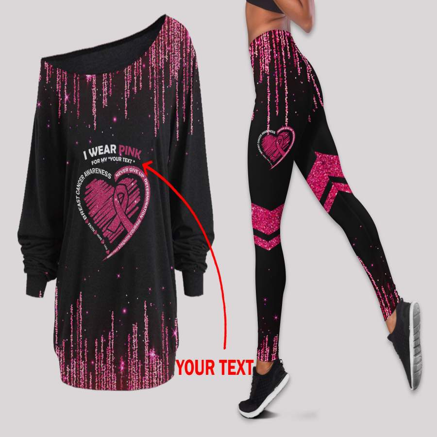 Personalized Pink Breast Cancer Awareness Off Shoulder Long Sleeves Top and Leggings Set