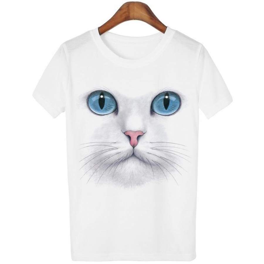 2017 Summer Fashion Casual T-Shirt Lady Blouse White Persian Cat Print Animal Short Sleeve