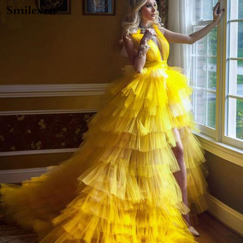 Yellow Princess Tulle Deep V Neck Prom Gowns High Low Tiered Puff Long Evening Dress 2022 Prom Party Dresses Custom Made alx