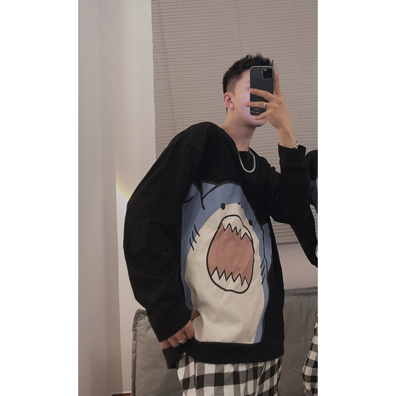 Cute Shark Print Women’s Pajamas Autumn Couple Plaid Sleepwear Black Pijama Kawaii Long Sleeve Pyjamas Loungewear Suit Pjs alx