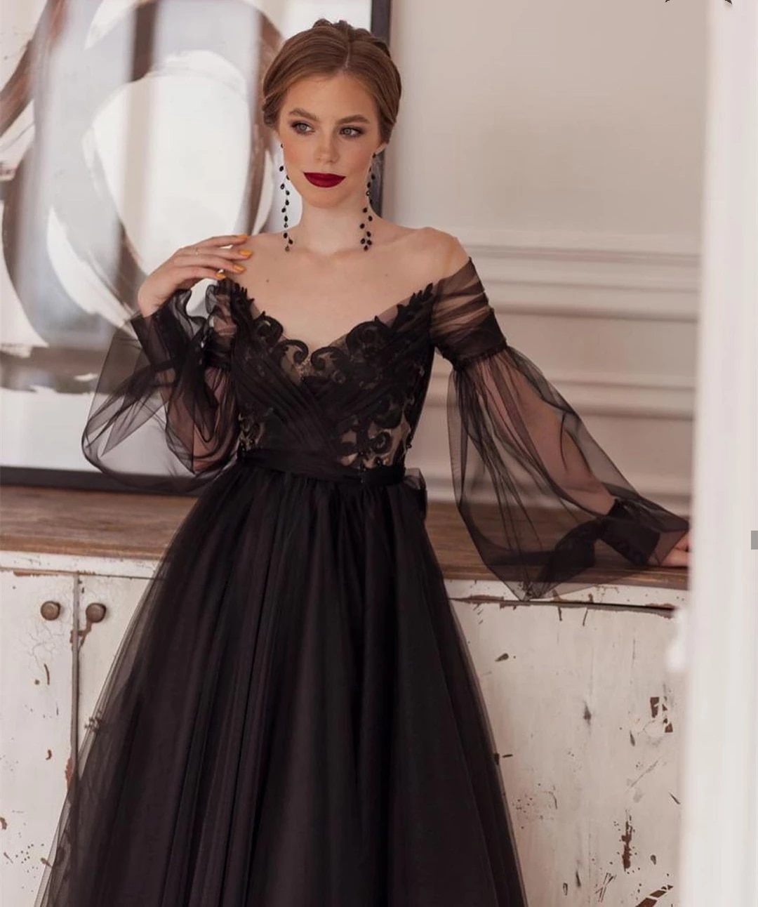 2022 Black Princess Lace Appliques Sexy Evening Dresses A-Line Illusion Long Sleeve Party Prom V-Neck Backless Ankle-Length alx