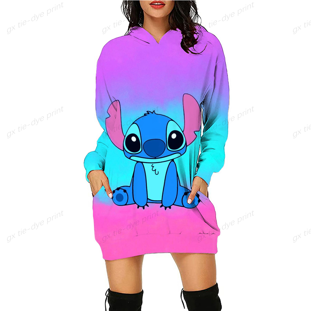 Autumn Casual Women Disney Stitch Print Loose Long Hoodie Kawaii Cartoon Print Hooded Sweatshirts Sexy Pullover Sweatshirt Dress alx