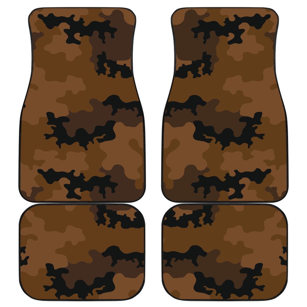 Dark Brown Camouflage Print Front And Back Car Floor Mats, Front Car Mat