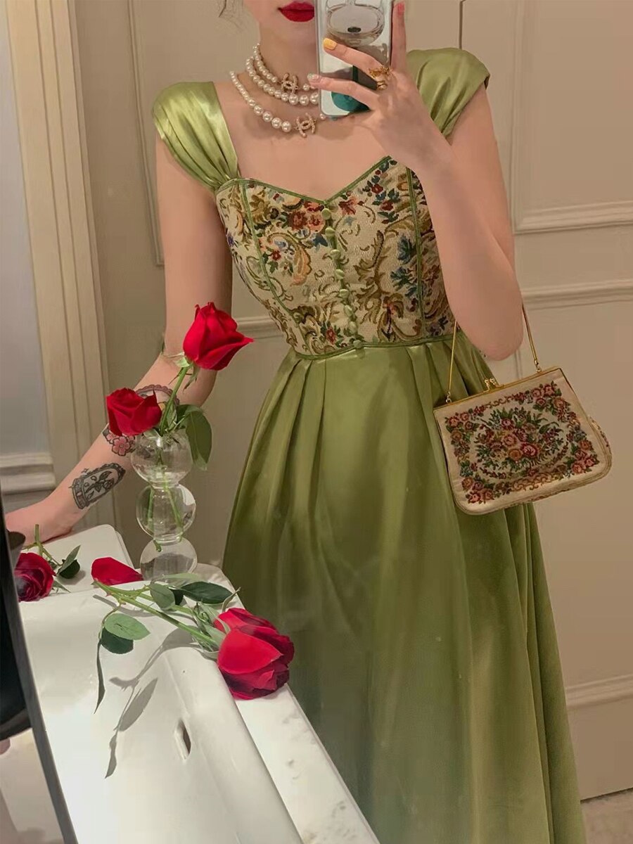 Summer Vintage Women Green Dress Cottagecore Retro Jacquard Floral Off Shoulder Sexy Long Dresses Lady Party Spring Dresses alx