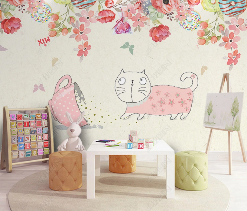 3D Cartoon Star Cat Animal Colorful Floral Plant Butterfly Background Wall Mural Wallpaper Lxl