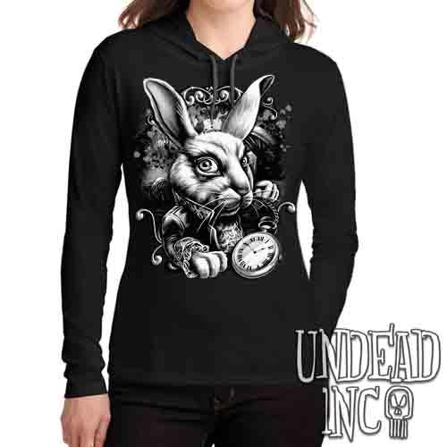 Alice In Wonderland White Rabbit Black & Grey – Ladies Long Sleeve Hooded Shirt