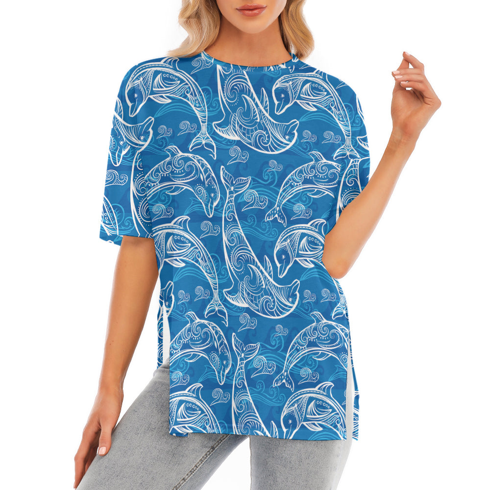 Blue Dolphin Pattern Short Sleeve T-Shirt With Hem Split