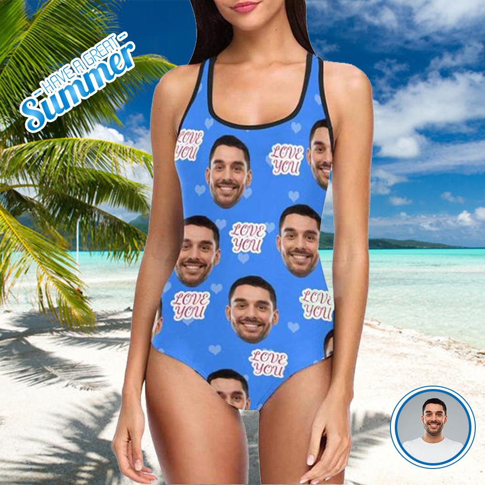 Custom Face Love You Women’S Tank Top Bathing Swimsuit, Custom Photo One Piece Summer Gift