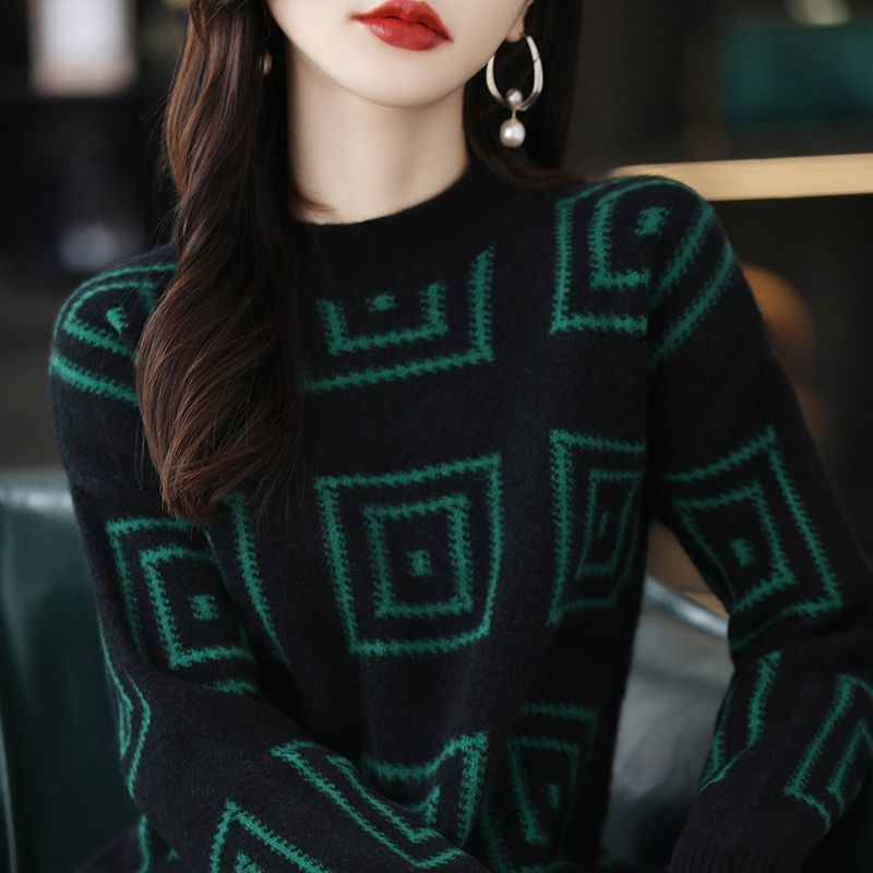 2022 Mock Neck Preppy Style Knitting Sweater Thick Autumn Winter Argyle Spliced Women’s Clothing Keep Warm Comfortable Pullovers alx