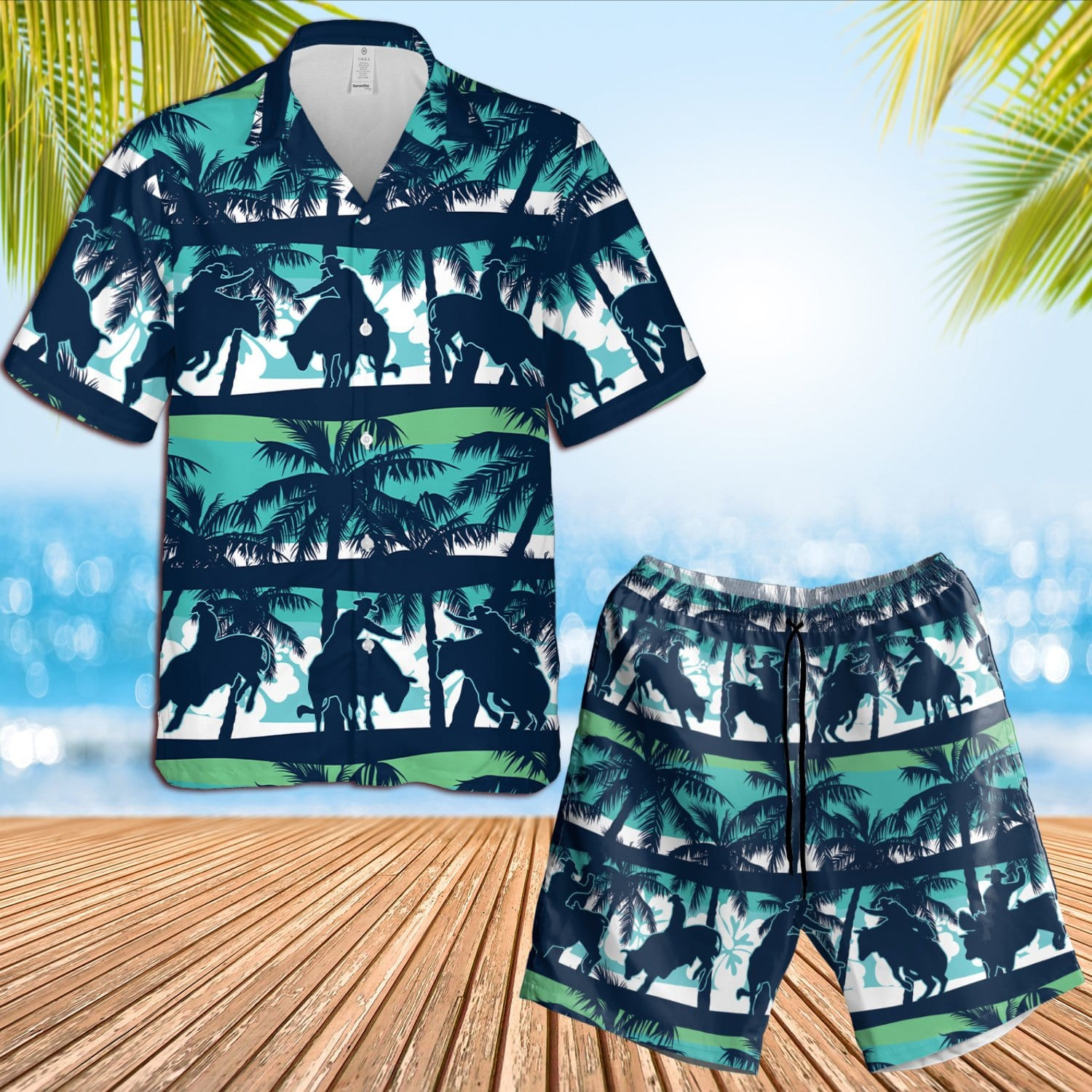 Blue Bull Riding Palm Tree Pattern Unisex Hawaii Shirts Beach Shorts Ha94656