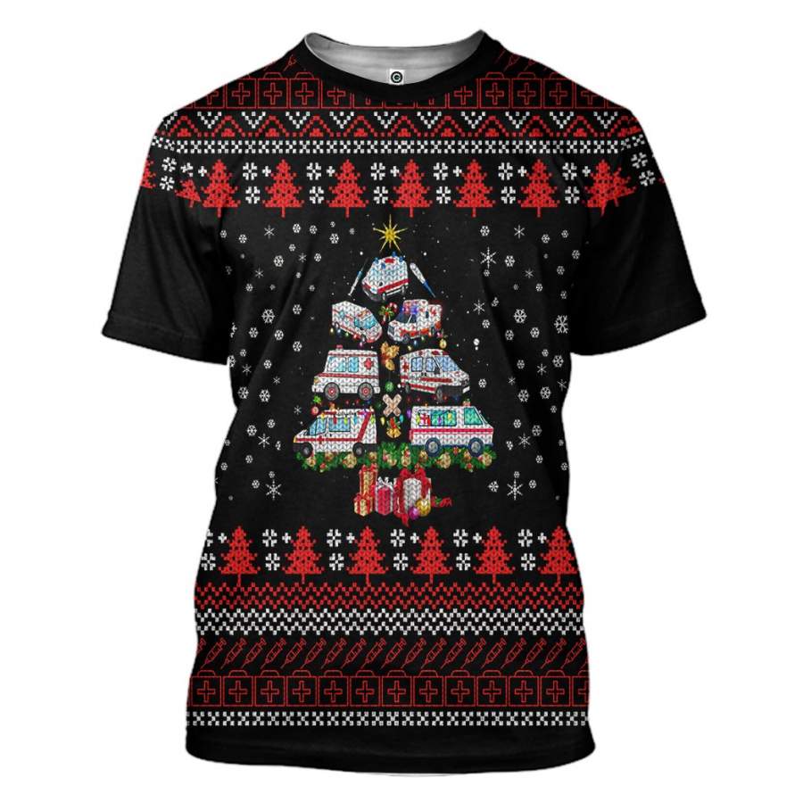 3D Paramedic Ambulance Xmas Tree Ugly Christmas Sweater Custom Tshirt Apparel