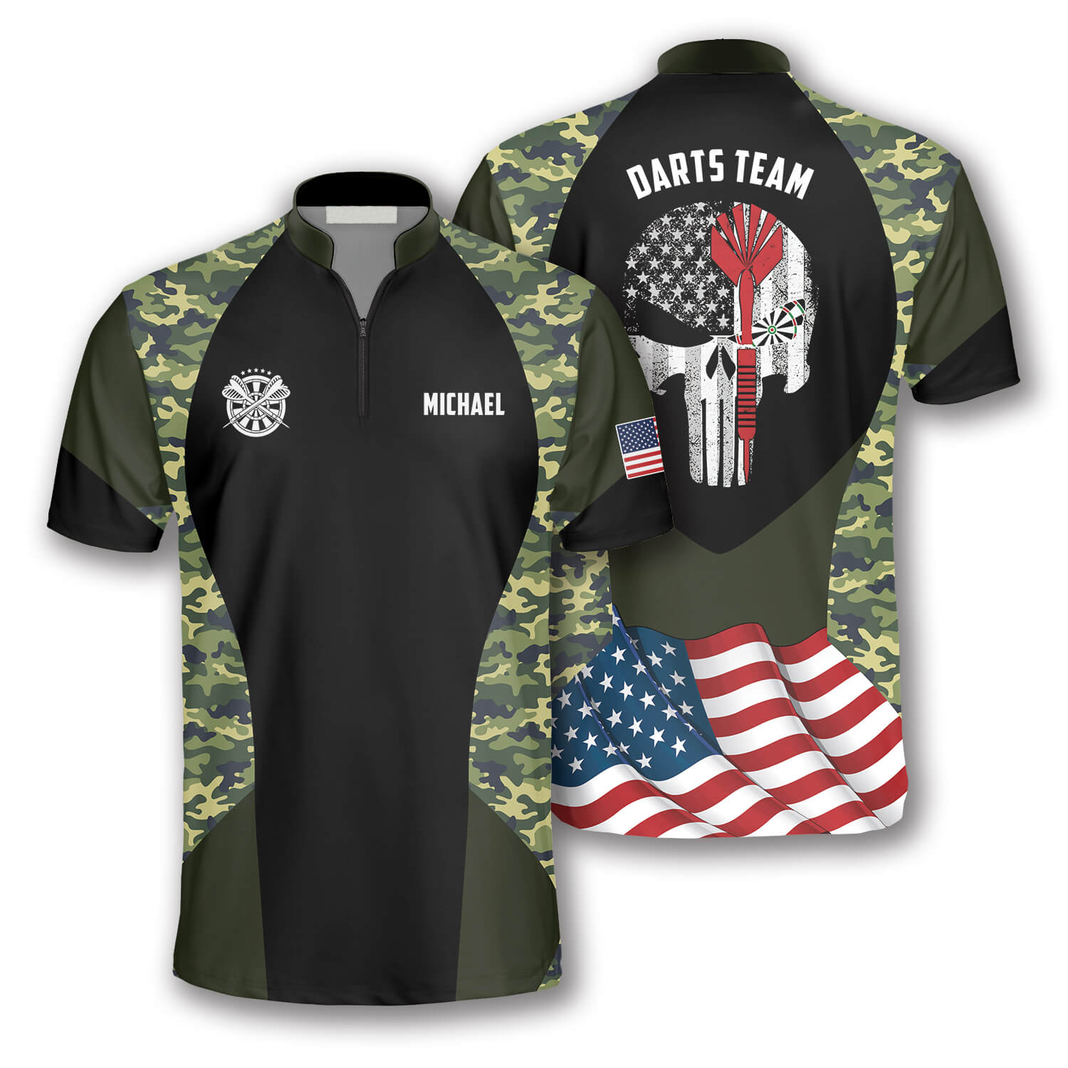 Skull Camouflage Waving Flag Custom Darts Jerseys For Men, Red Dart Skull Shirt, Jersey Shirt For Dart Player