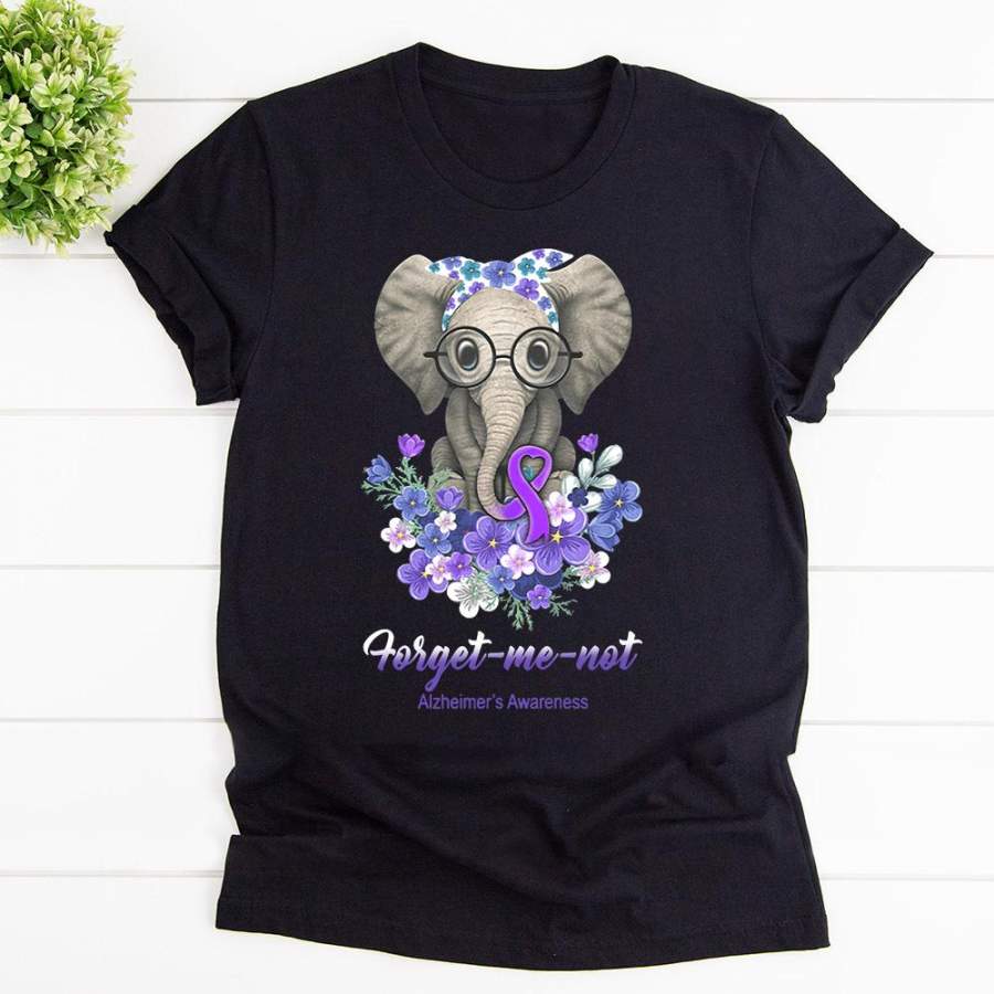 Alzheimer awareness forget me not elephant flowers black cotton t shirt for men and women S-6XL