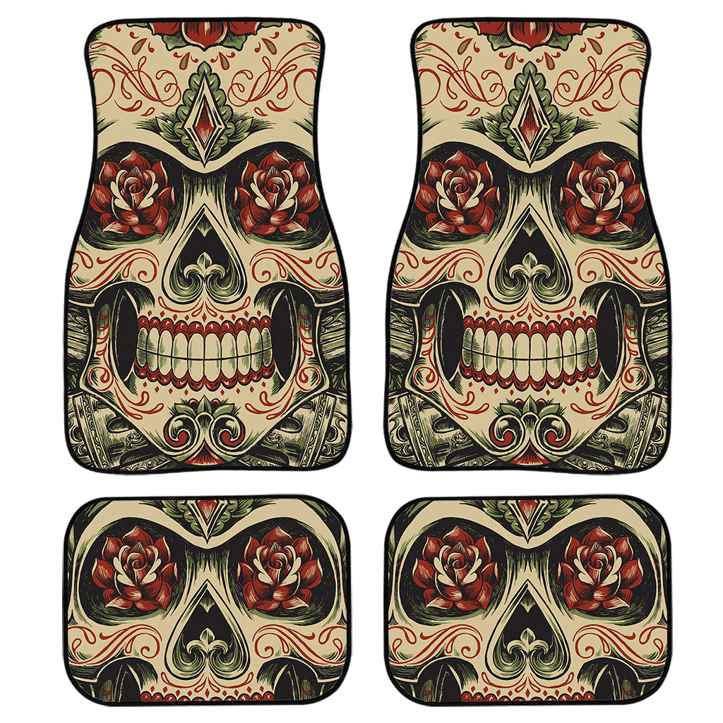 Skull And Roses Tattoo Print Front And Back Car Floor Mats, Front Car Mat