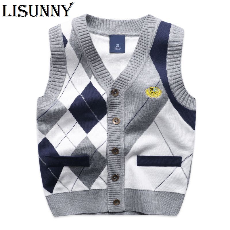 2022 Autumn Spring New Kids Boy Sweater Vest Children Clothing Plaid Stitching Coat Baby Cotton thick top Boys Cardigan Vest alx