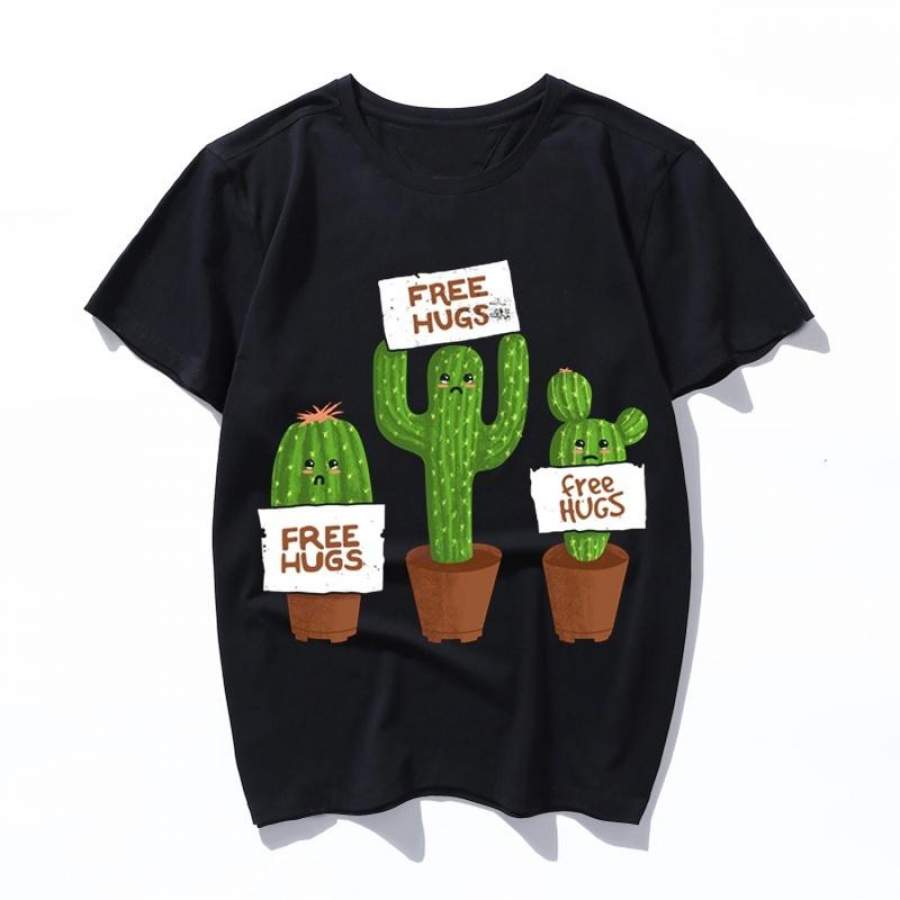 free hugs cactus black men t shirt women print t-shirt vintage cotton t-shirt short sleeve streetwear tumblr top XS-3XL