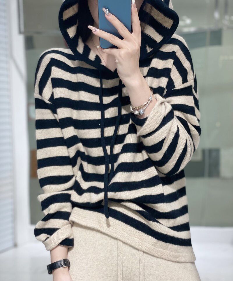 BELIARST 100% Pure Wool Women’s Hooded Sweater 22Autumn and Winter New Stripe Knitwear Casual Loose Fashion Pullover Korean Tops alx